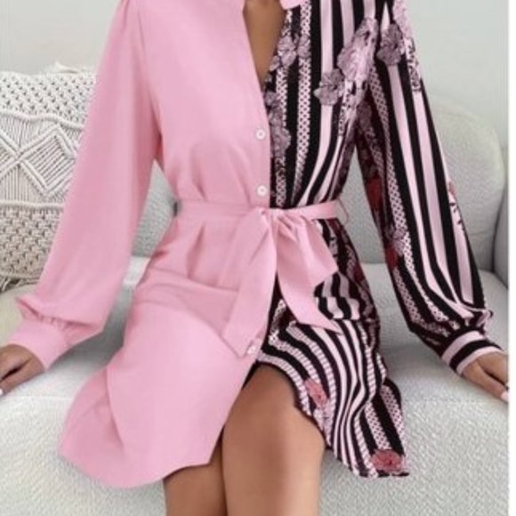 Pink & Black Floral Dress Shirt - Gorgeous, Belted, Medium  Box Car1 - Picture 6 of 7